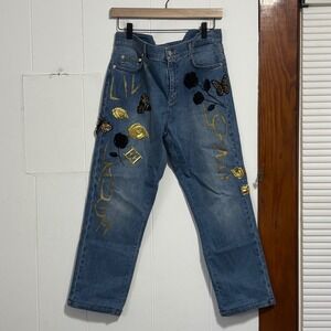 Escada Embellished Denim Jeans Live Laugh Love Butterfly Bee Roses size 32"